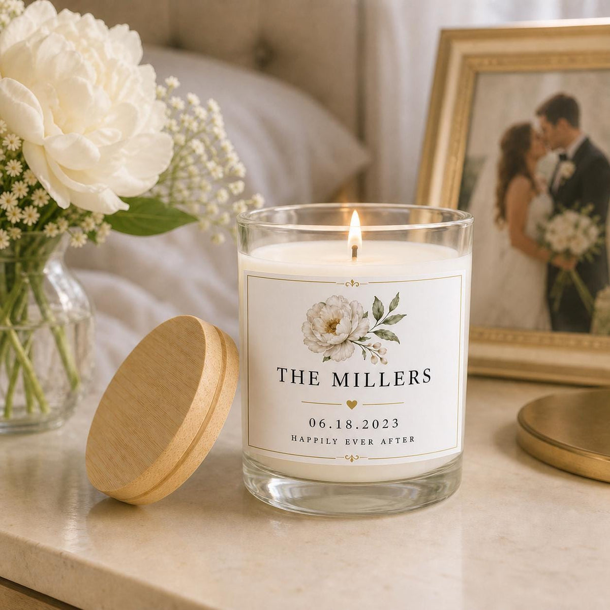 personalized Wedding Candle, Custom Couple Names and Date Gift in a staged gift setting