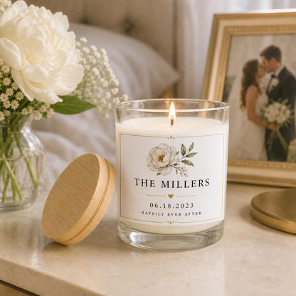 personalized Wedding Candle, Custom Couple Names and Date Gift in a staged gift setting