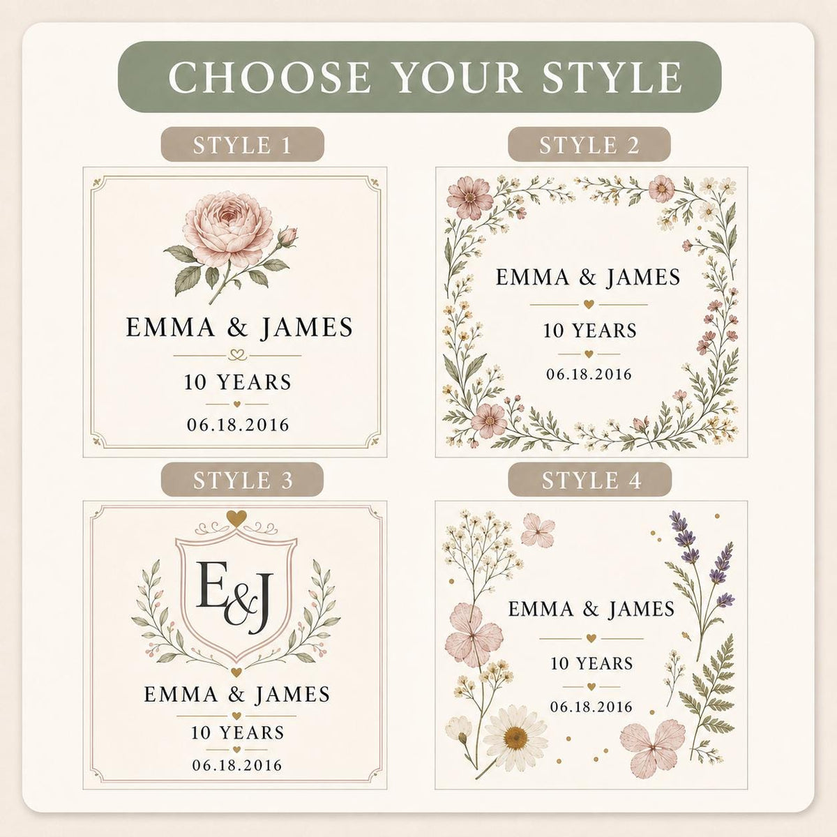 Choose from four coordinated anniversary candle label styles