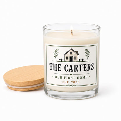personalized New Home Candle, Custom Family Name Housewarming Gift on a clean white background
