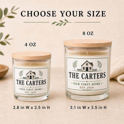 Side-by-side 4 oz and 8 oz first home candles showing the size difference