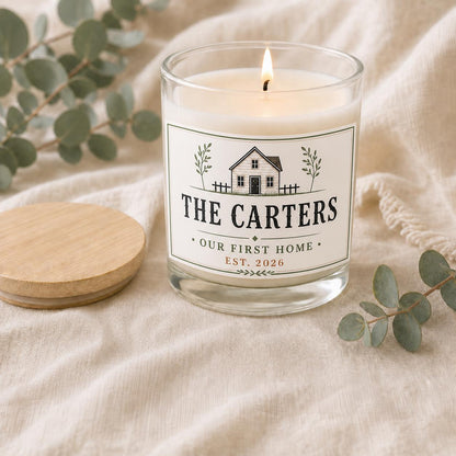 personalized New Home Candle, Custom Family Name Housewarming Gift in a staged gift setting
