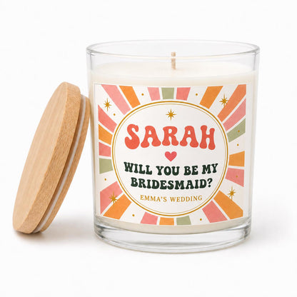 personalized Bridesmaid Proposal Candle, Custom Name Bridal Party Gift on a clean white background