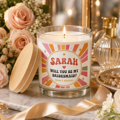 personalized Bridesmaid Proposal Candle, Custom Name Bridal Party Gift in a staged gift setting