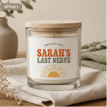 Style 1 personalized Last Nerve candle with retro sunshine