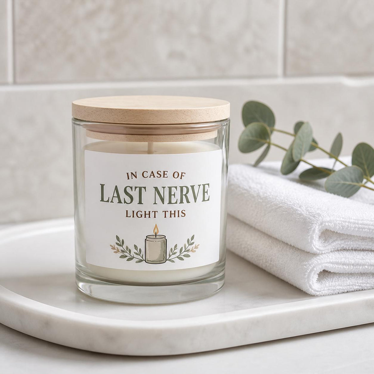 Style 3 Last Nerve candle in a calm spa bathroom
