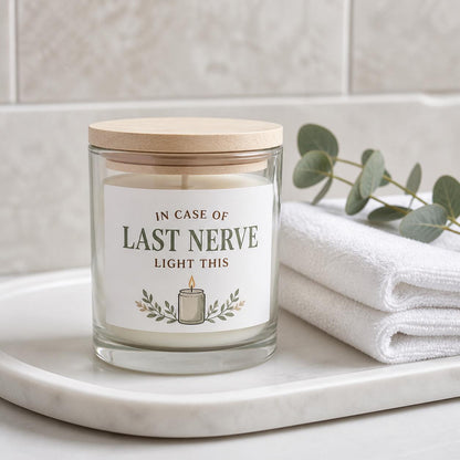 Style 3 Last Nerve candle in a calm spa bathroom