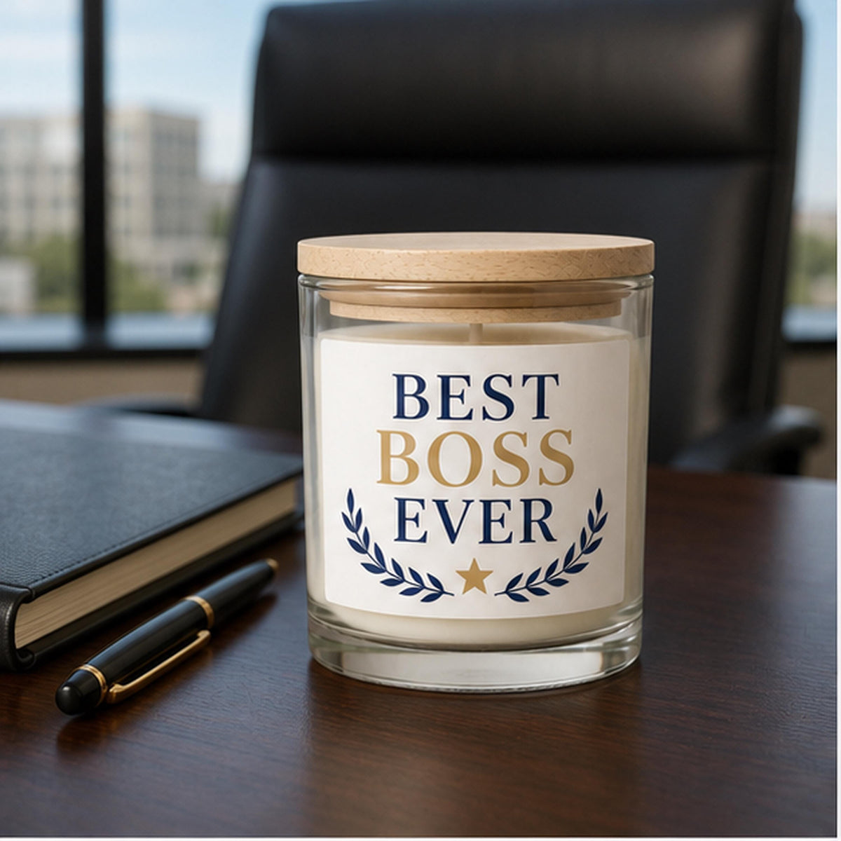 Best Boss Ever candle staged on an executive office desk