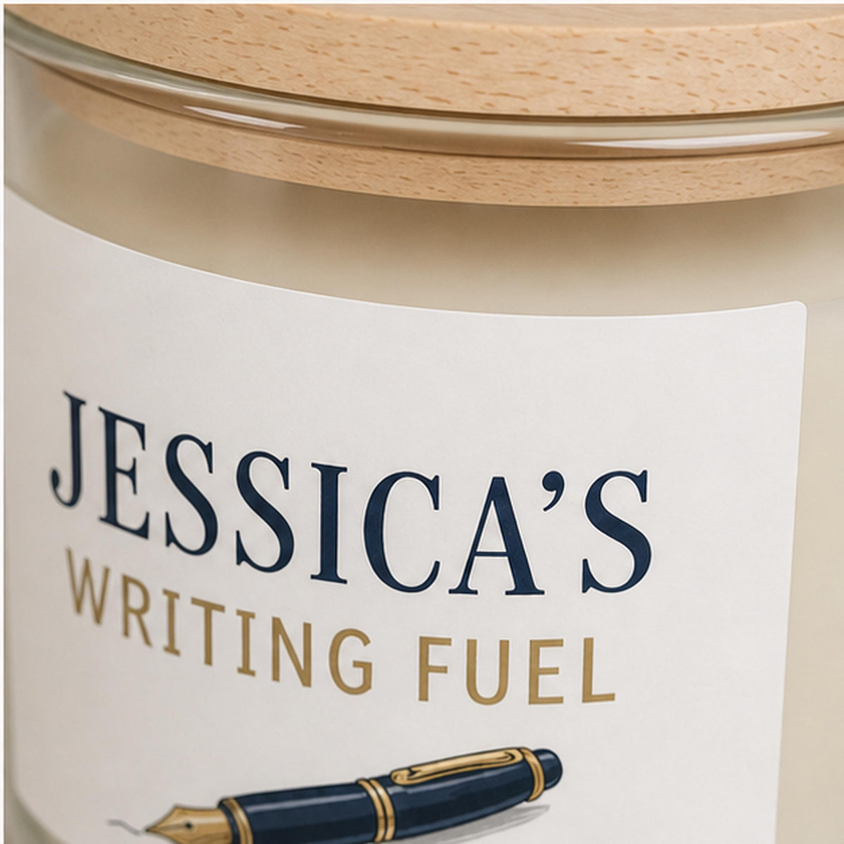 Close detail of a white literary candle label applied to glass