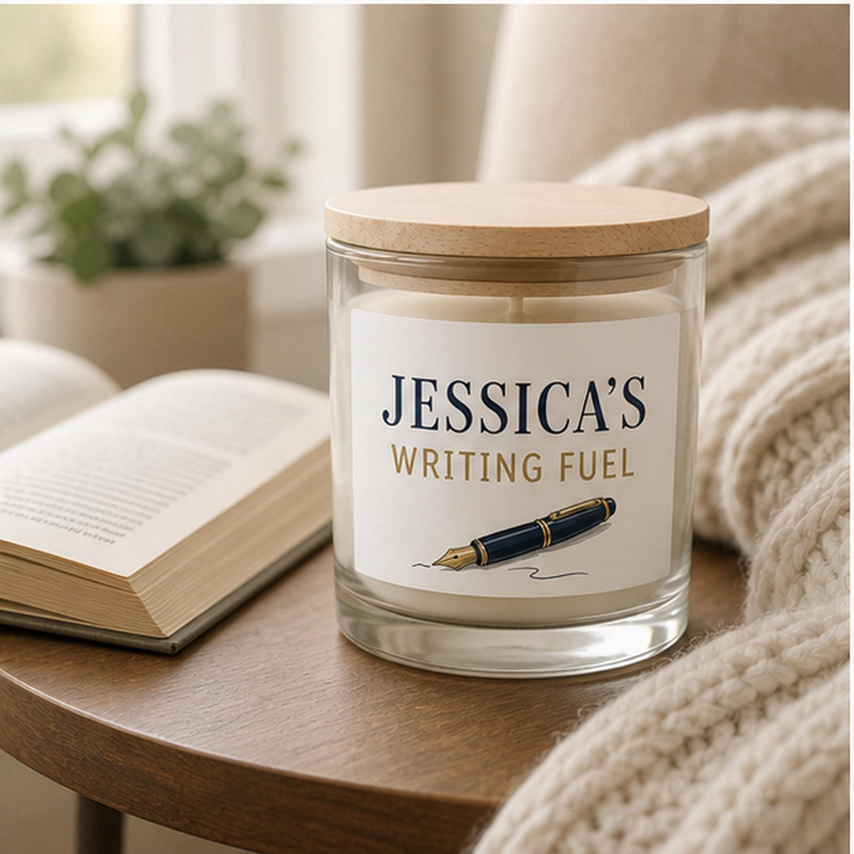 Writer candle staged in a cozy reading nook