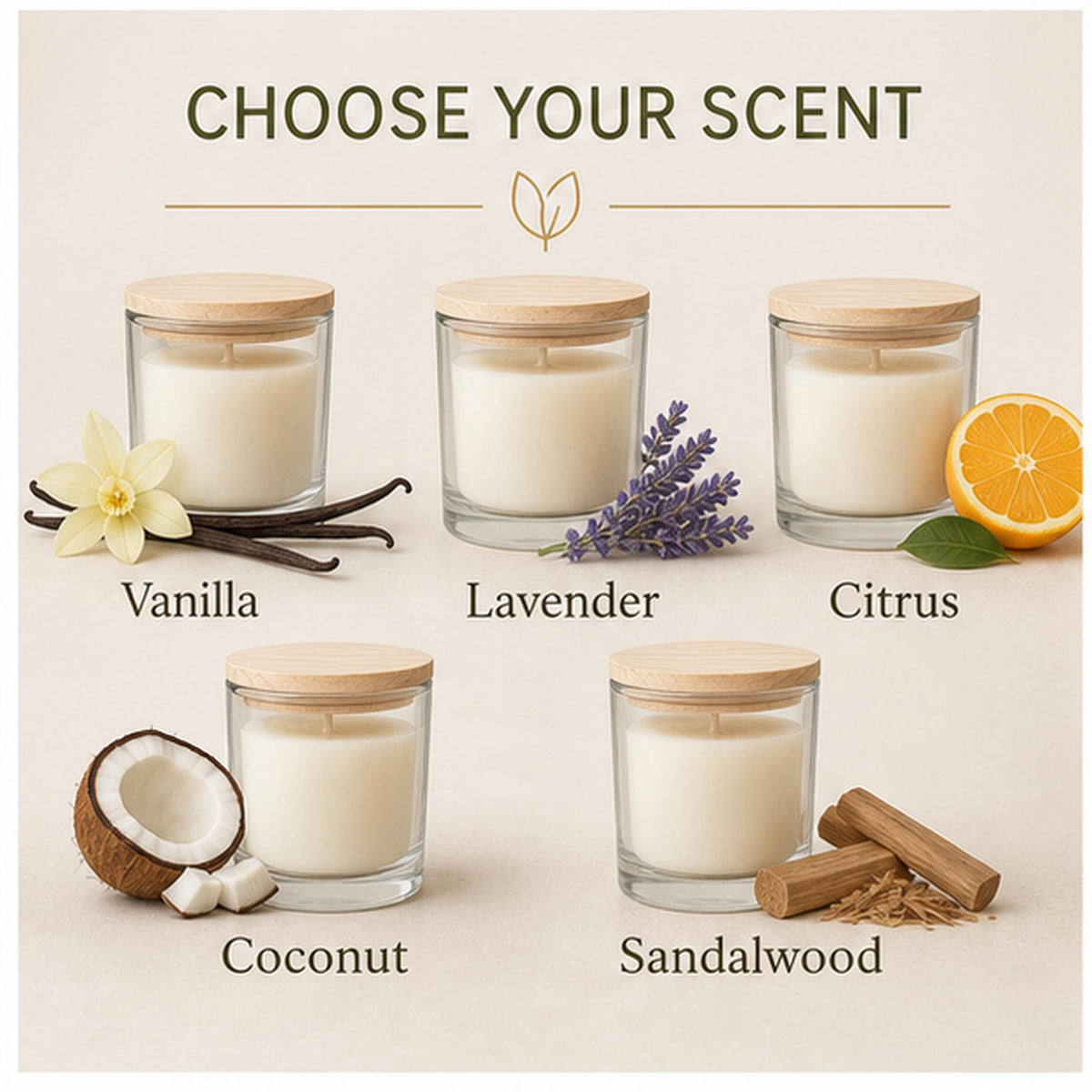 Candle scent guide with five fragrance choices