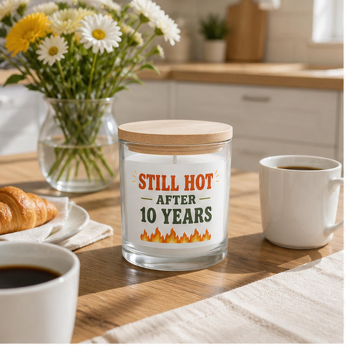 Anniversary candle staged on a sunny breakfast table