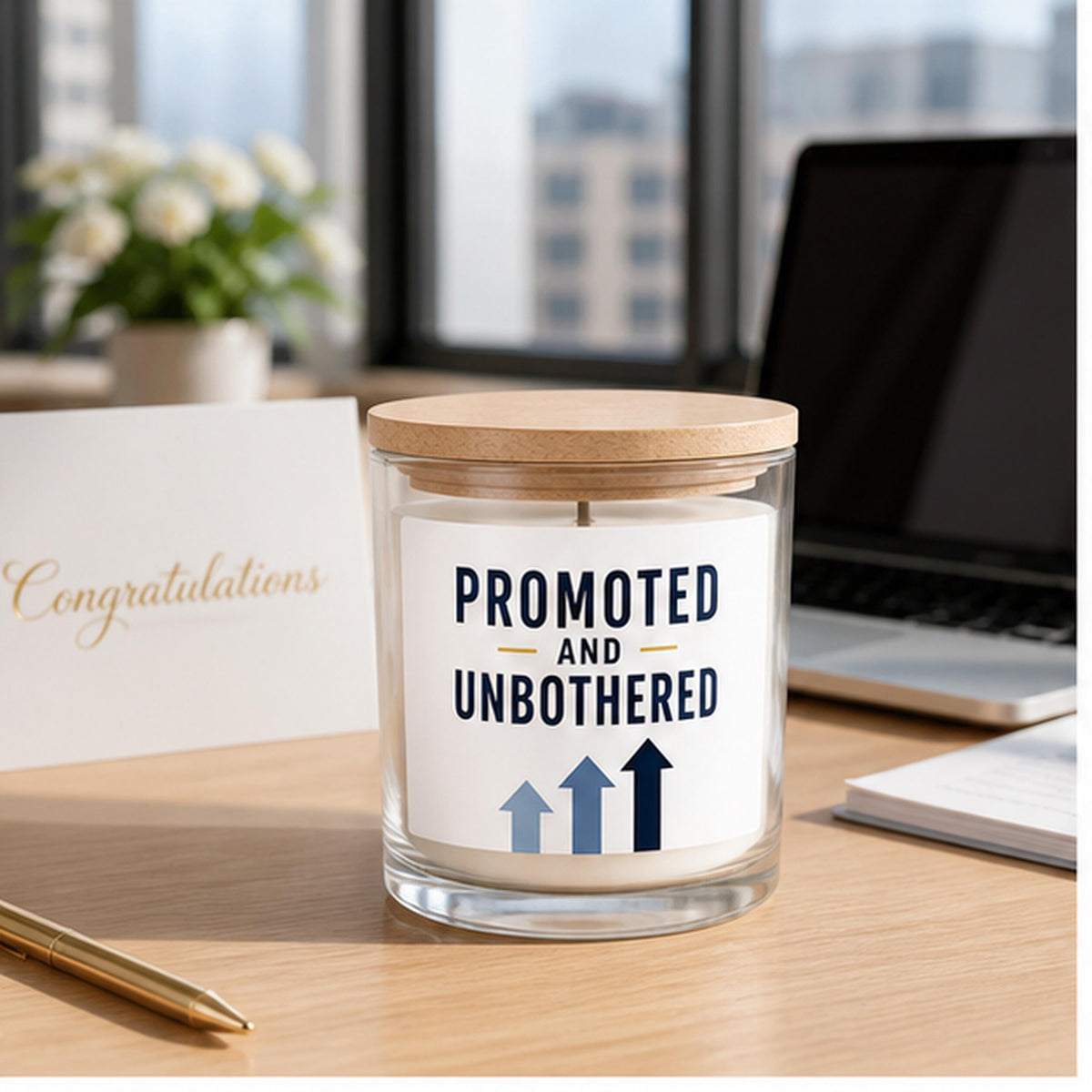 Promotion candle staged on a modern office desk