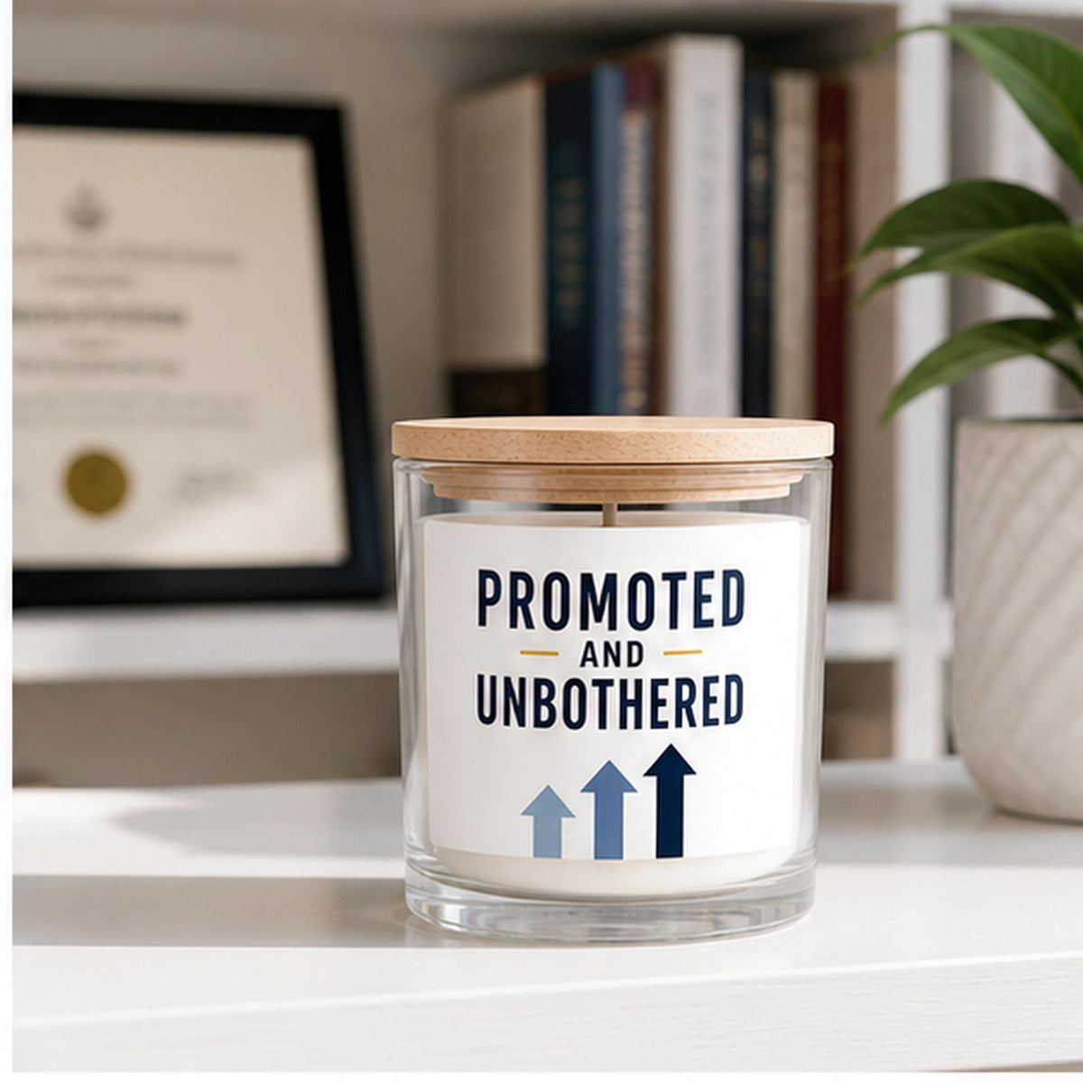 Promotion candle staged on a home office bookshelf
