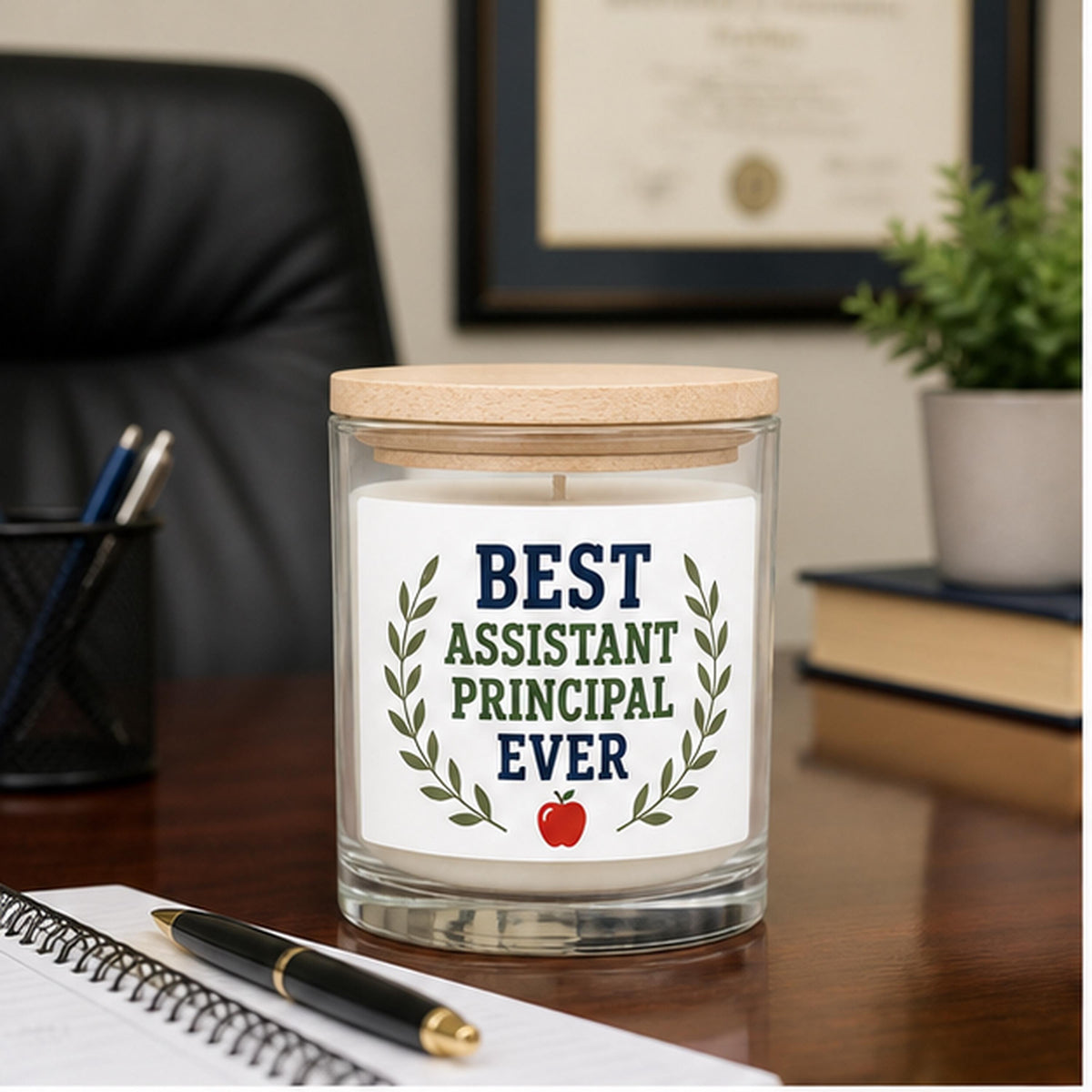 Assistant principal candle staged on an administrator desk