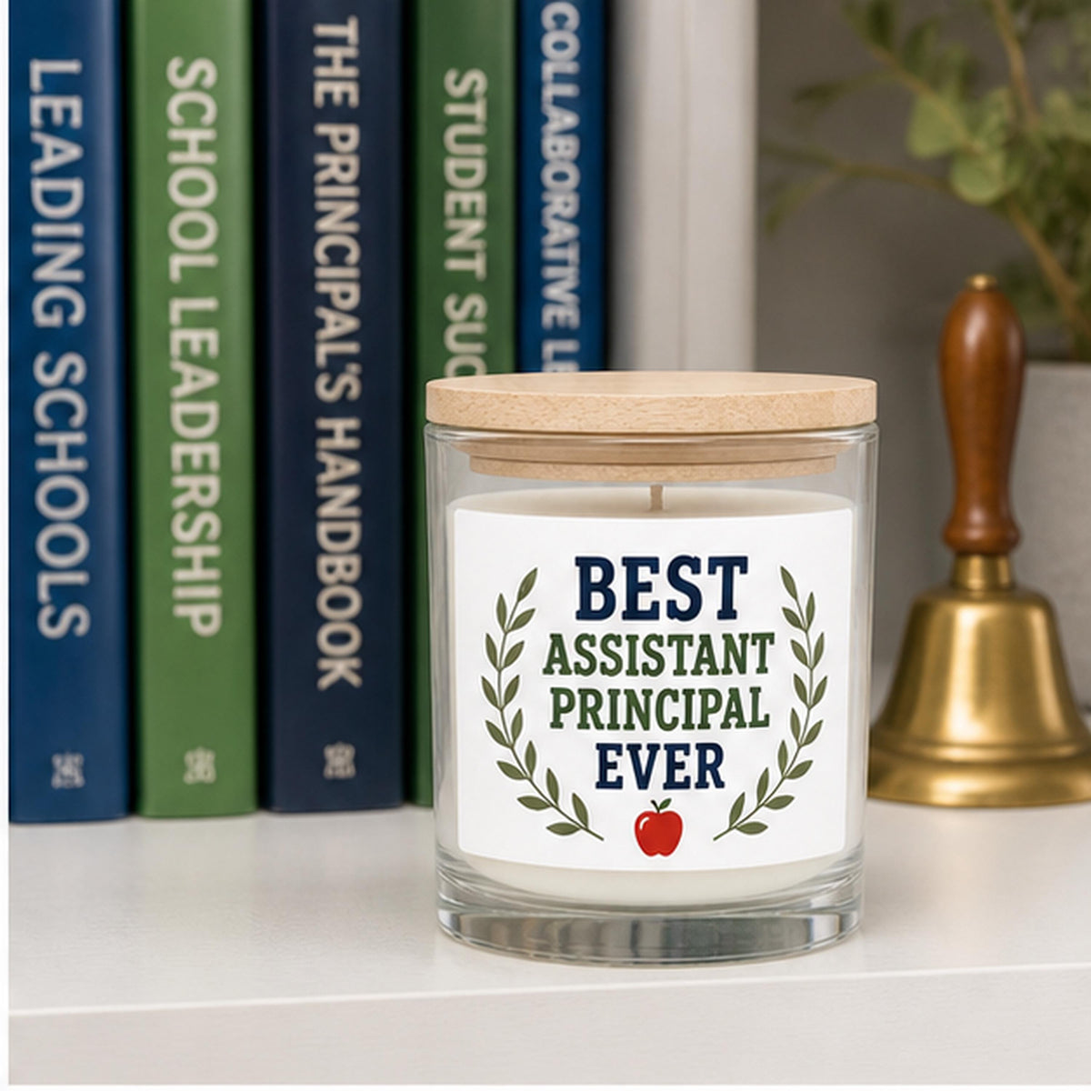 Assistant principal candle staged by education books and bell