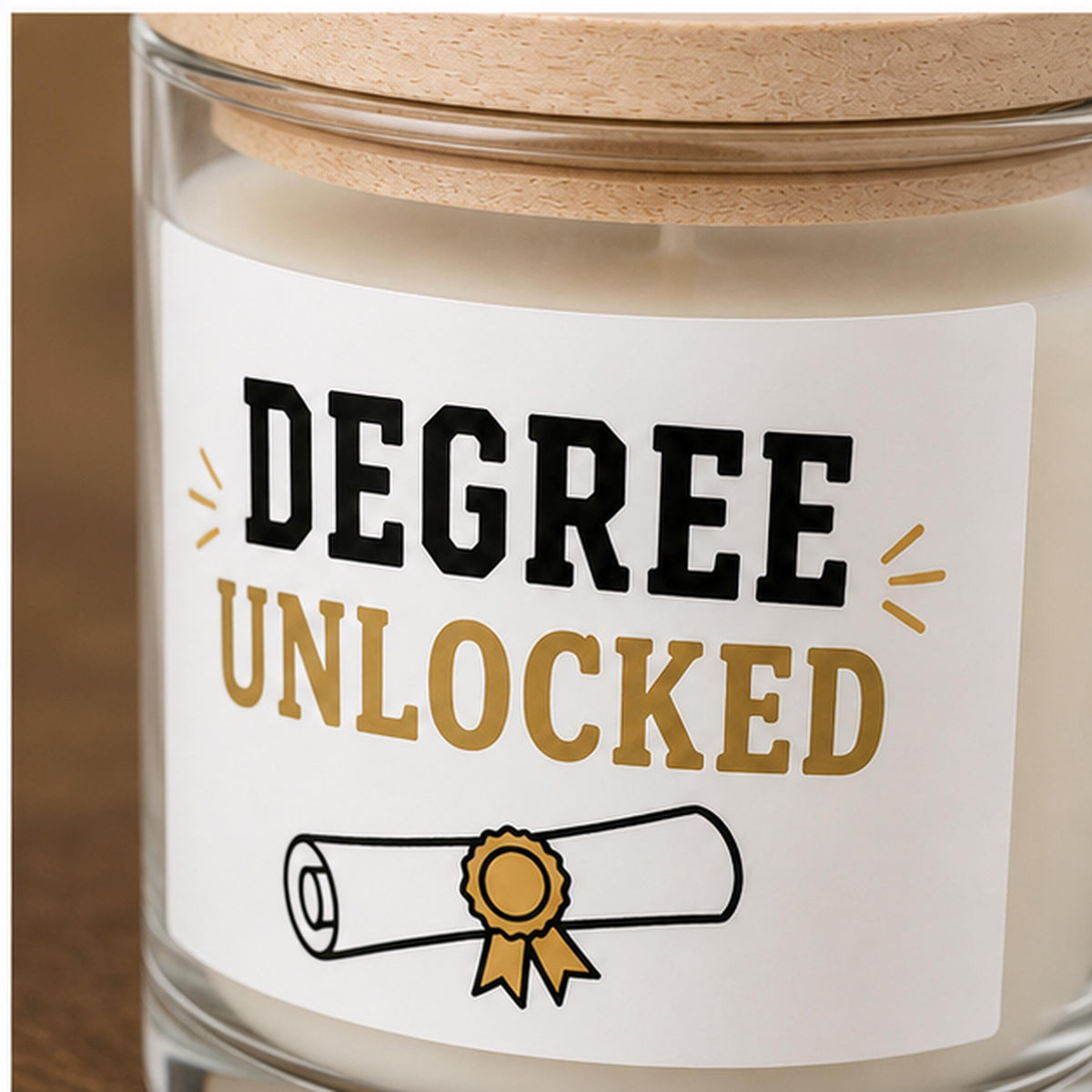 Close detail of a graduation candle label applied to glass