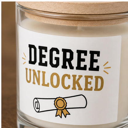 Close detail of a graduation candle label applied to glass