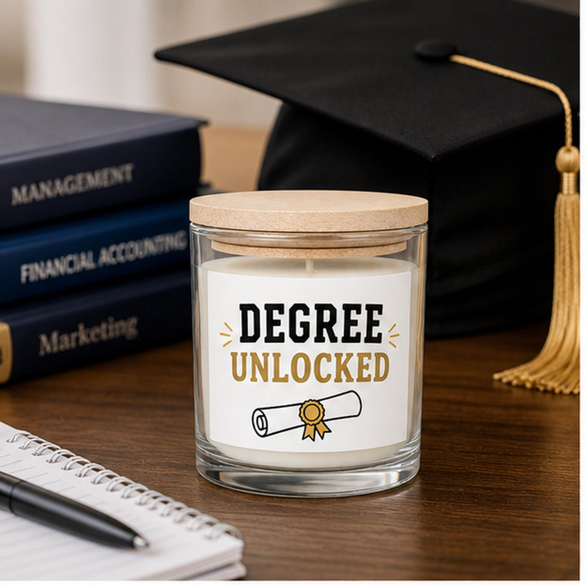 Graduation candle staged on a study desk with cap