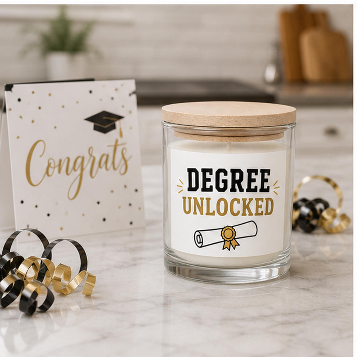 Graduation candle staged on a kitchen celebration table