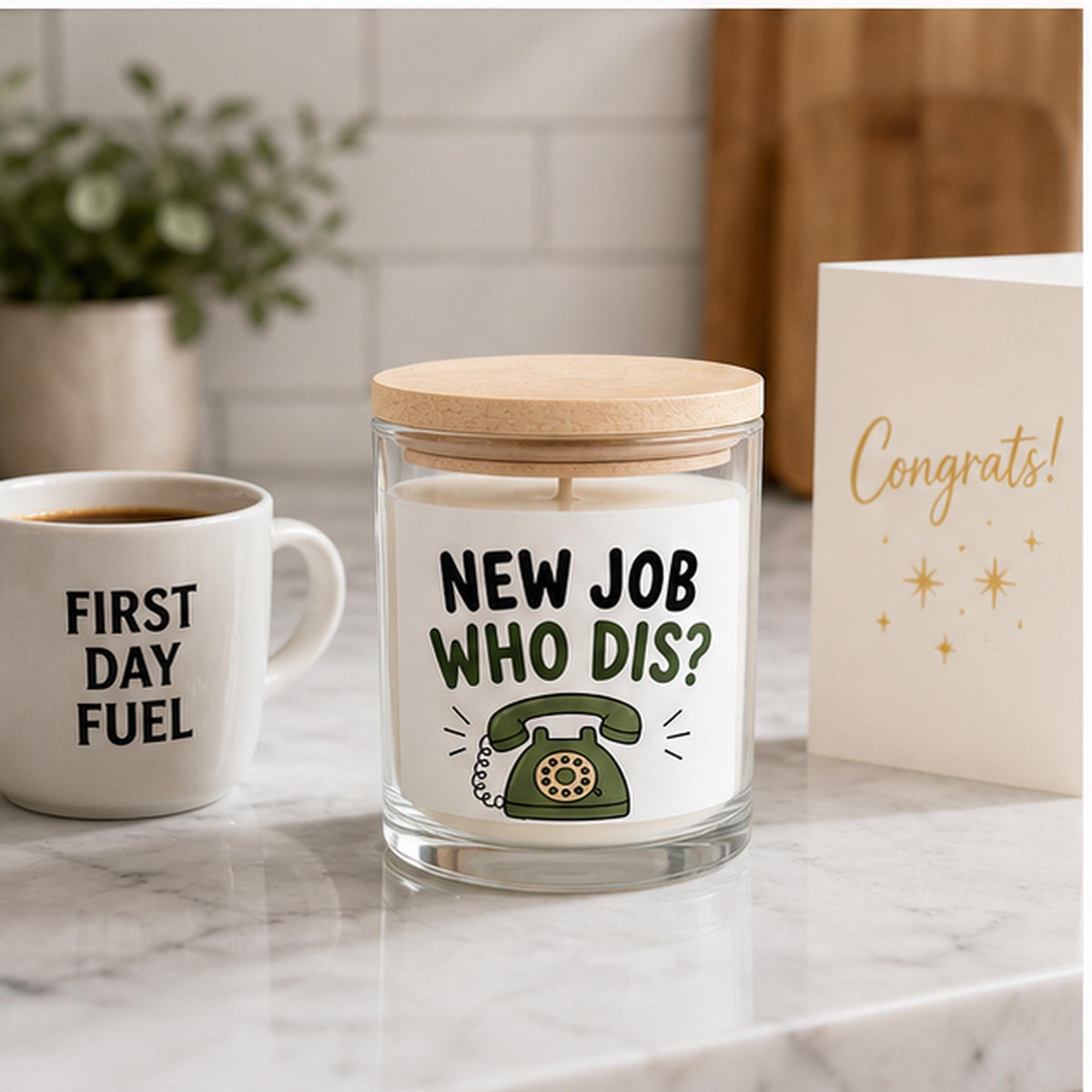 New job candle staged on a first day breakfast counter