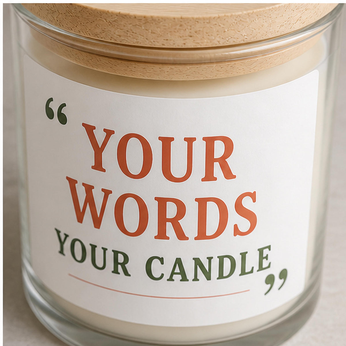 Close detail of a custom candle label applied to glass