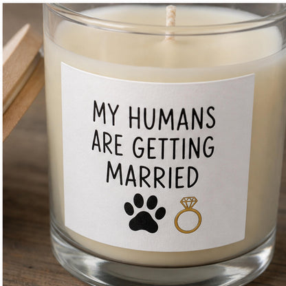 Close detail of a pet engagement candle label applied to glass