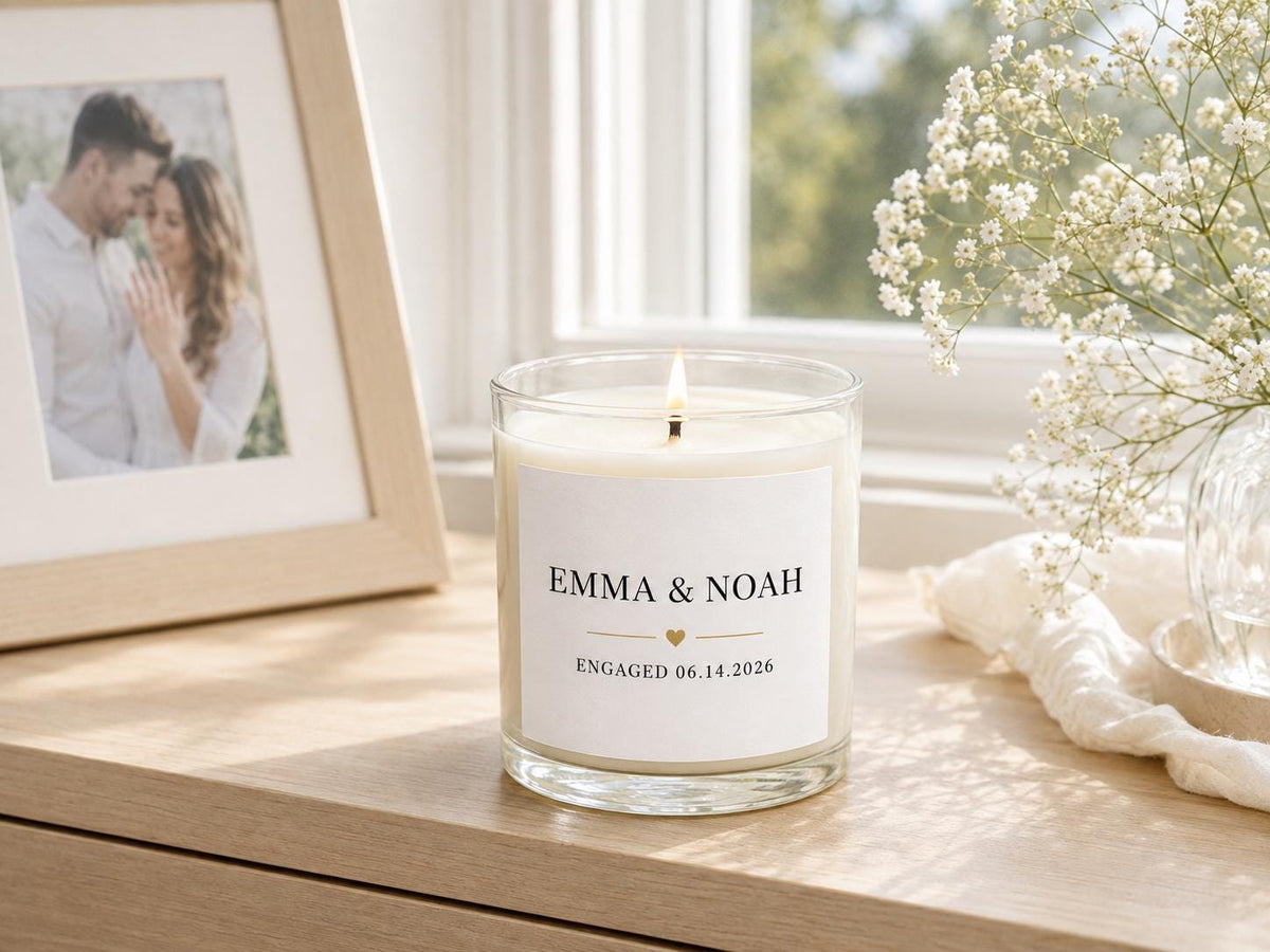 Personalized Engagement Candle, Custom Names and Date Gift, 4 oz or 8 oz Couple Gift — staged image 2