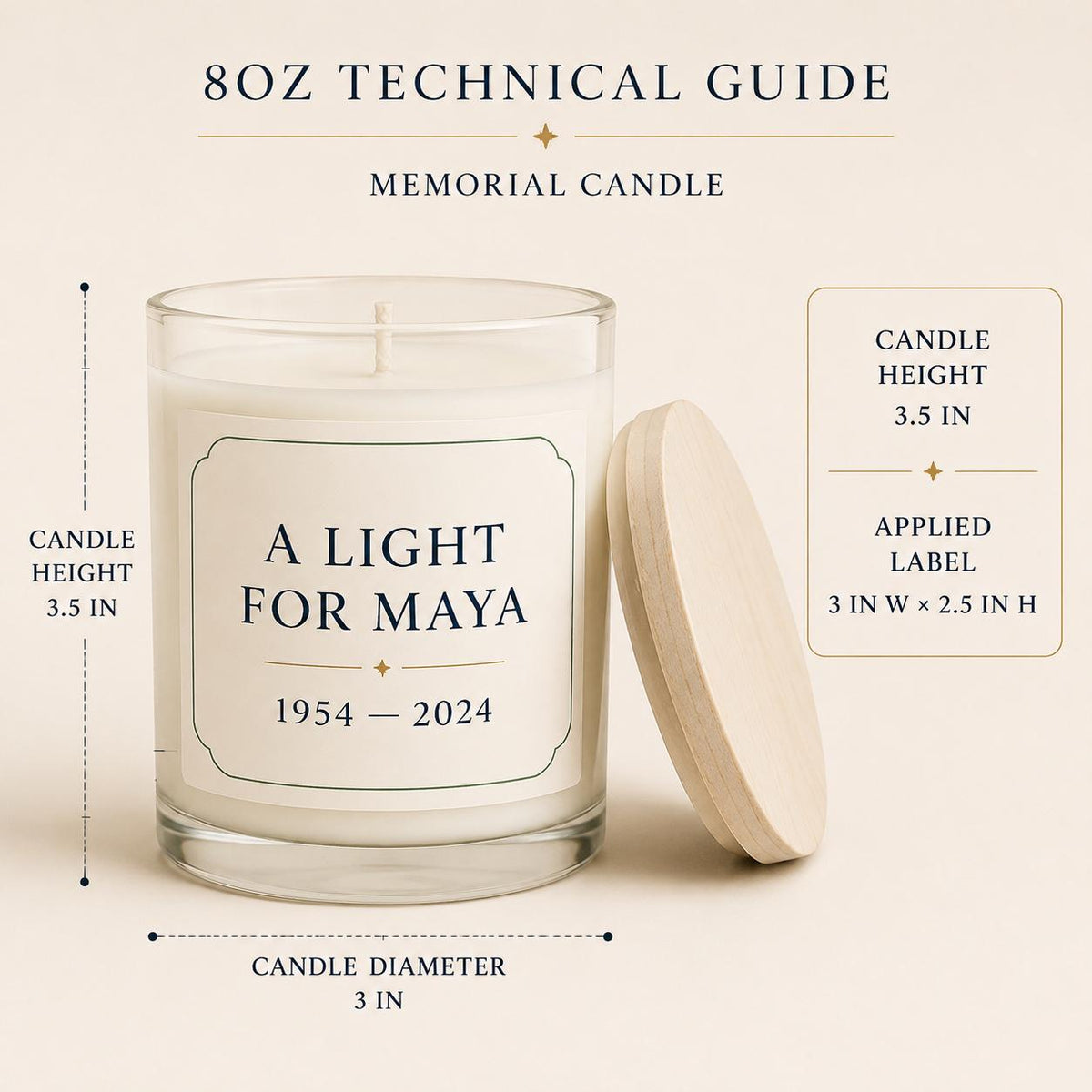 Personalized Memorial Candle, Custom Name and Dates Remembrance Gift, 4 oz or 8 oz — candle-and-label heights dimension image