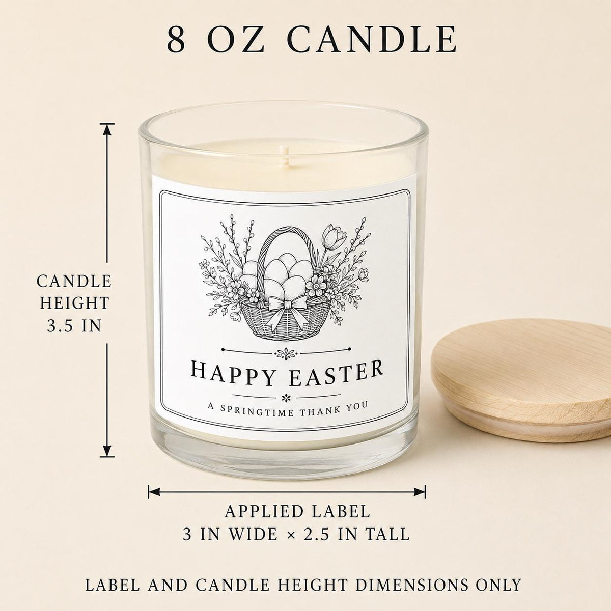 Easter hostess gift candle — candle-and-label heights dimension image