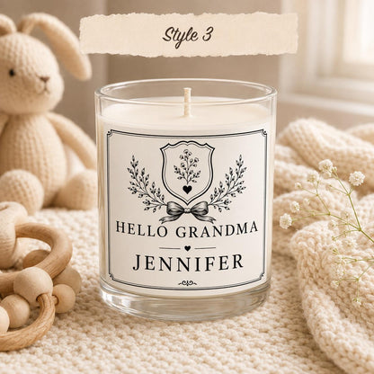 Personalized New Grandma Announcement Candle, Custom Black and White Label, 4 oz or 8 oz Pregnancy Reveal Gift — Style 3