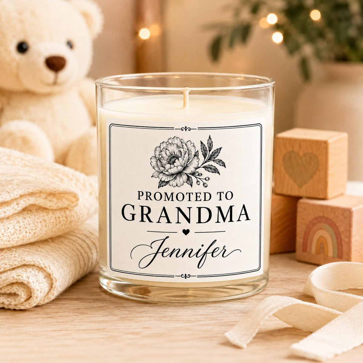 Personalized New Grandma Announcement Candle, Custom Black and White Label, 4 oz or 8 oz Pregnancy Reveal Gift — staged image 1