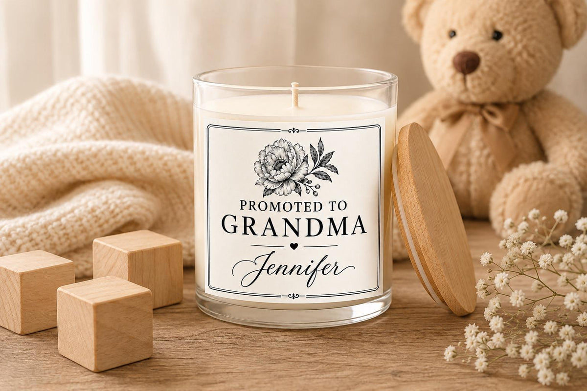Personalized New Grandma Announcement Candle, Custom Black and White Label, 4 oz or 8 oz Pregnancy Reveal Gift — staged image 2