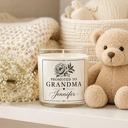 Personalized New Grandma Announcement Candle, Custom Black and White Label, 4 oz or 8 oz Pregnancy Reveal Gift — staged image 3