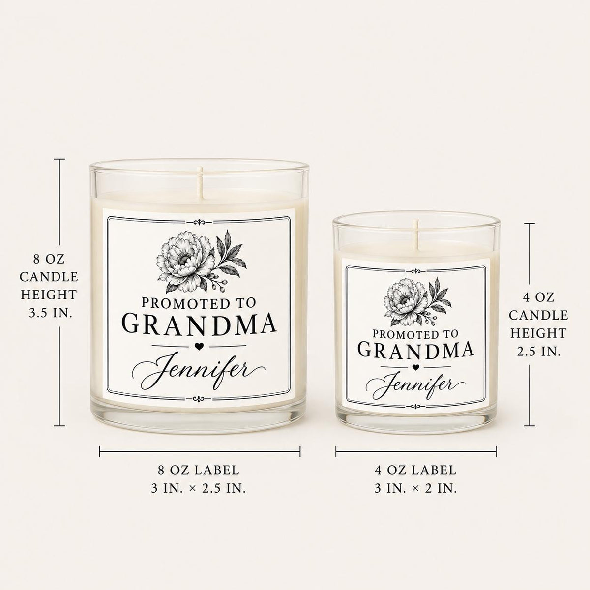 Personalized New Grandma Announcement Candle, Custom Black and White Label, 4 oz or 8 oz Pregnancy Reveal Gift — 8oz/4oz comparison