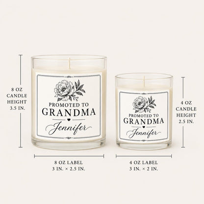 Personalized New Grandma Announcement Candle, Custom Black and White Label, 4 oz or 8 oz Pregnancy Reveal Gift — 8oz/4oz comparison