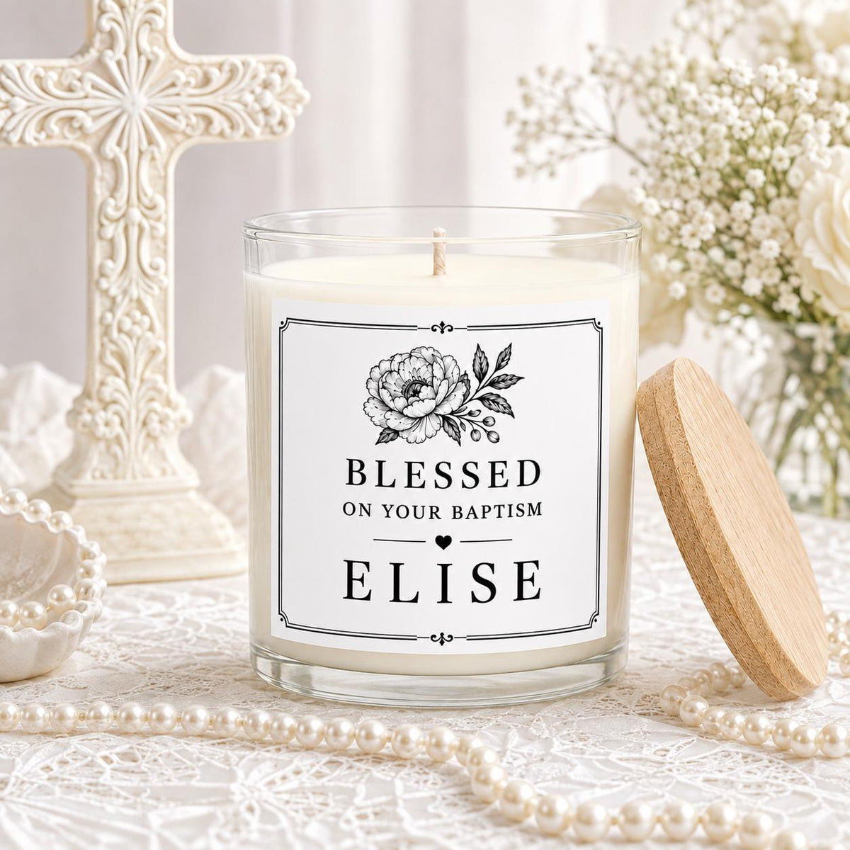 Personalized Baptism Keepsake Candle, Custom Black and White Label, 4 oz or 8 oz Christening Gift — staged image 1