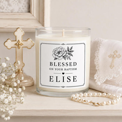 Personalized Baptism Keepsake Candle, Custom Black and White Label, 4 oz or 8 oz Christening Gift — staged image 2