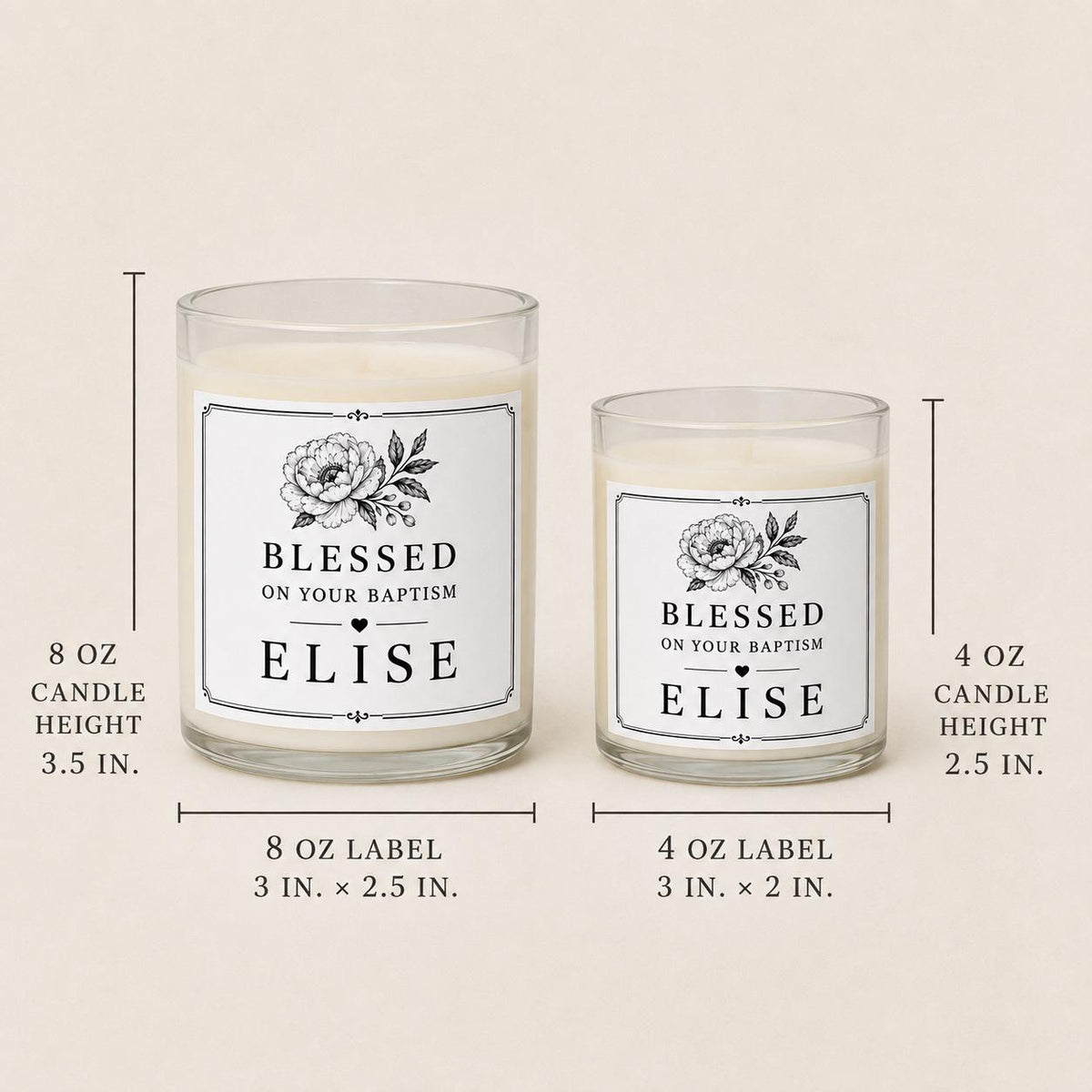 Personalized Baptism Keepsake Candle, Custom Black and White Label, 4 oz or 8 oz Christening Gift — 8oz/4oz comparison