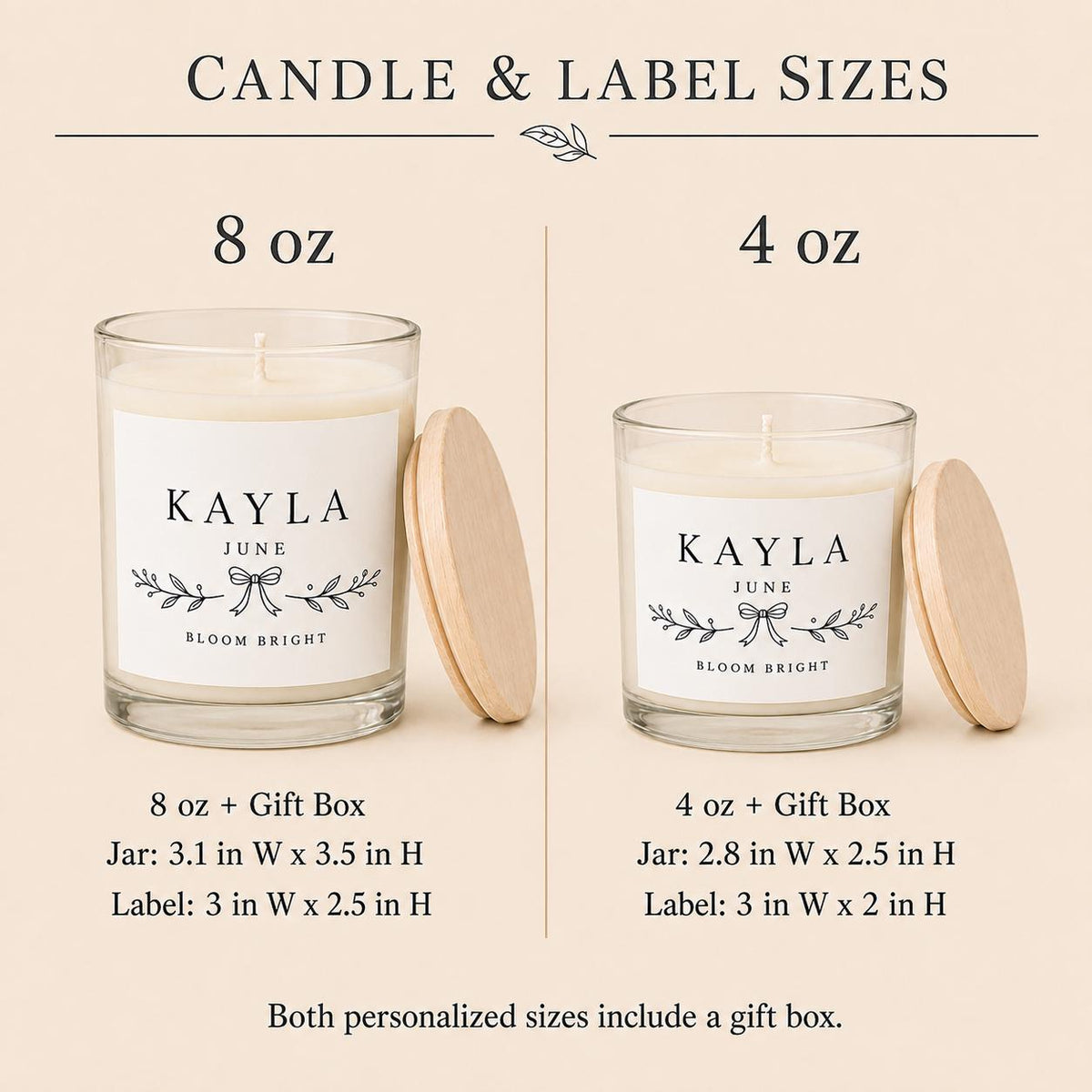 Personalized birth flower candle: candle and label dimension