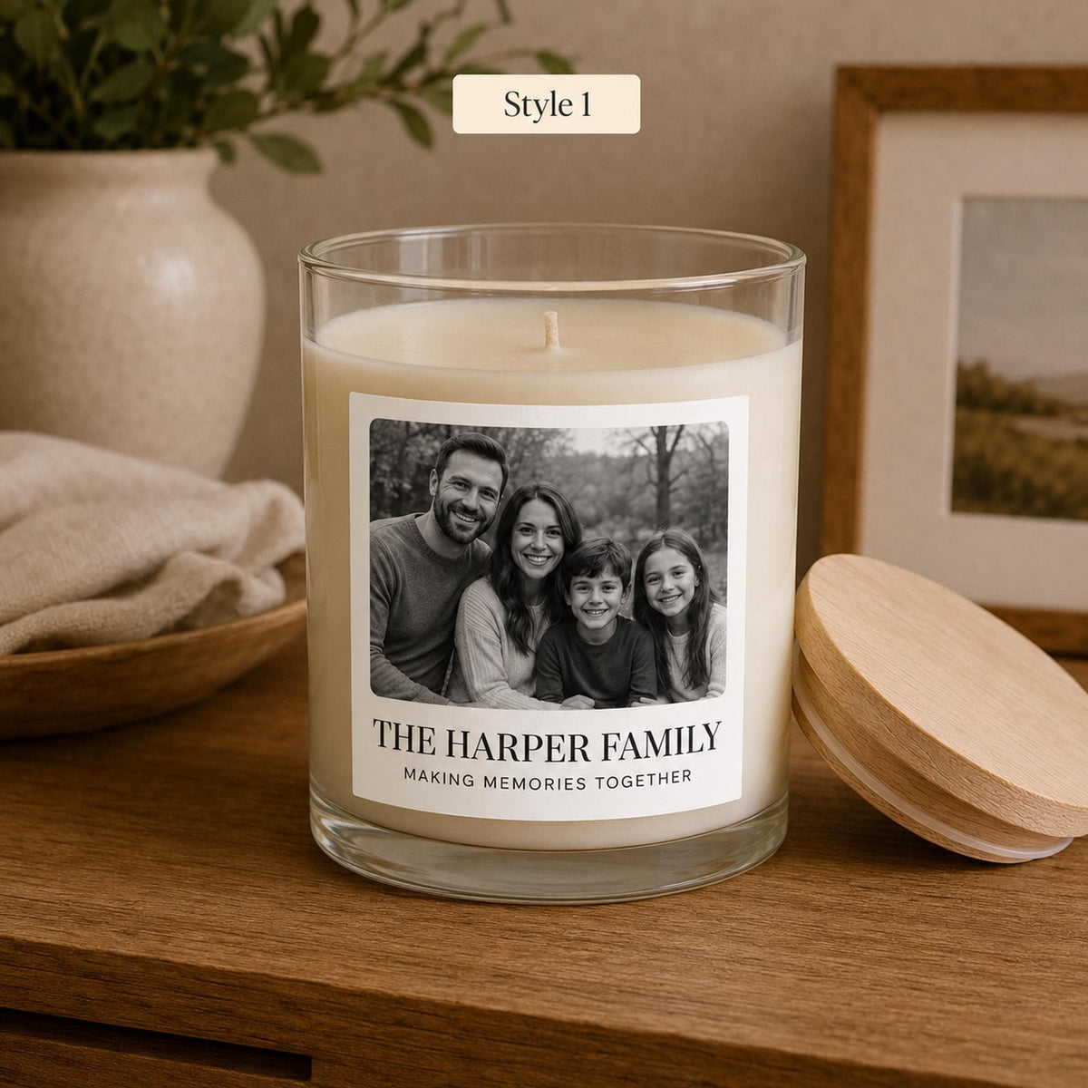 Personalized family photo candle — style 1.