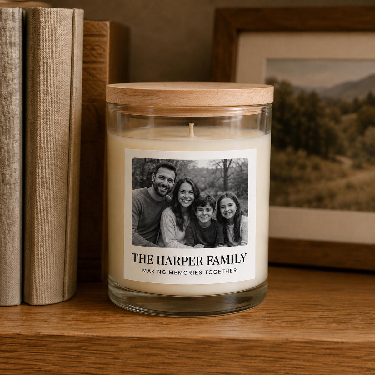 Personalized family photo candle — staged 3.