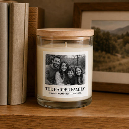 Personalized family photo candle — staged 3.