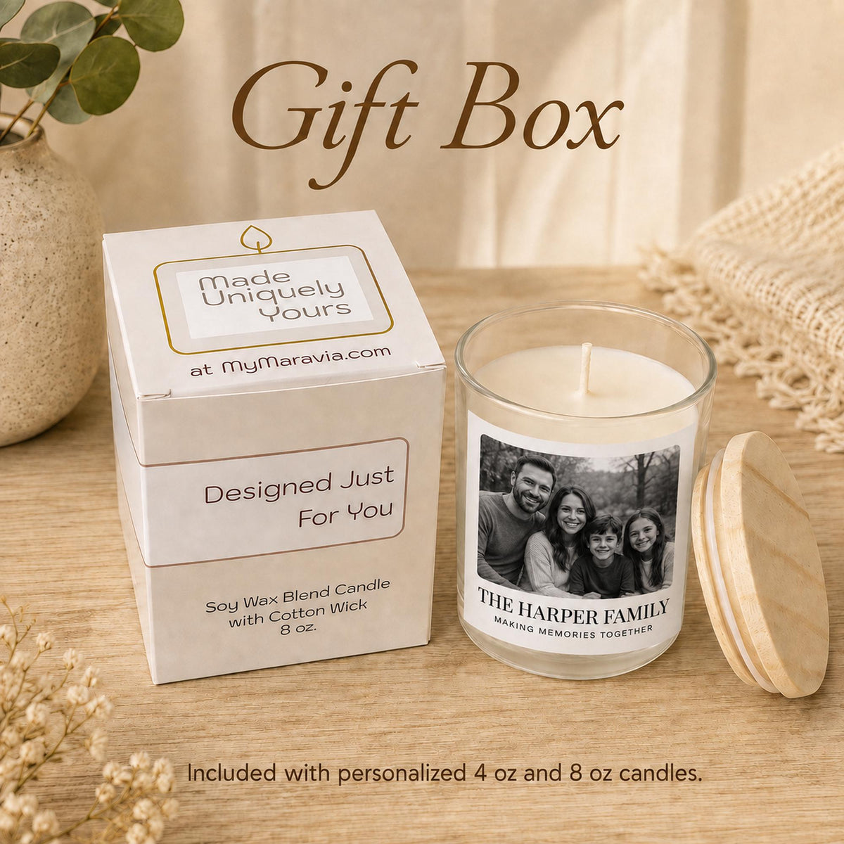 Personalized family photo candle — approved Gift Box.