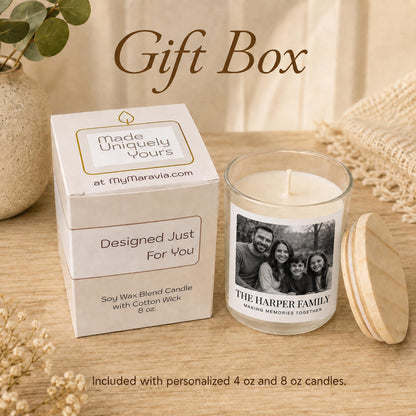 Personalized family photo candle — approved Gift Box.