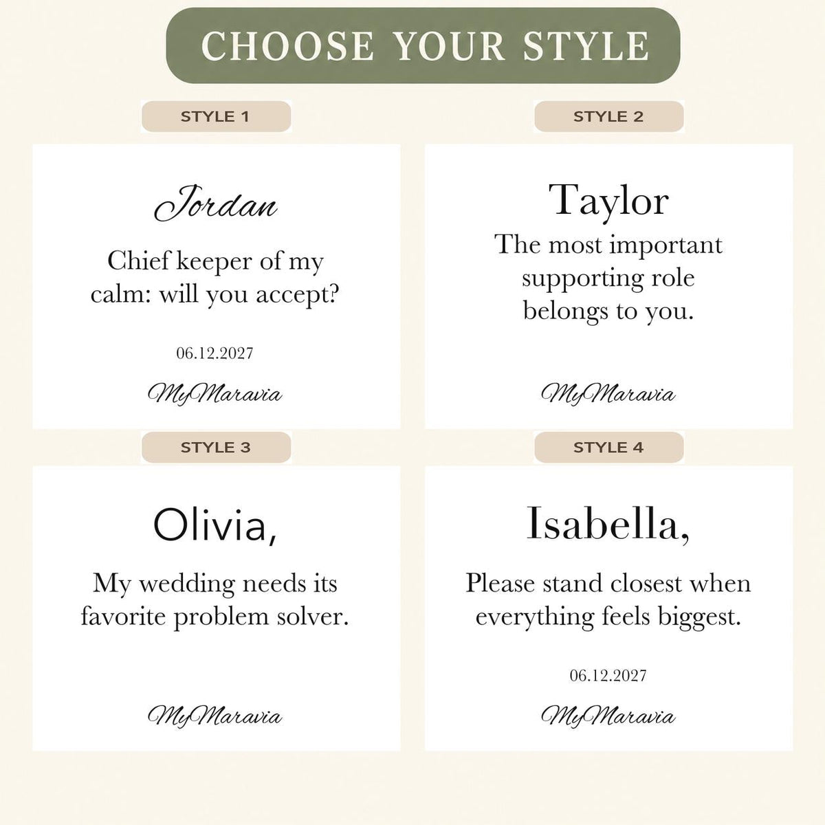 Style Picker — MyMaravia Best friend maid of honor ask candle; four original message options