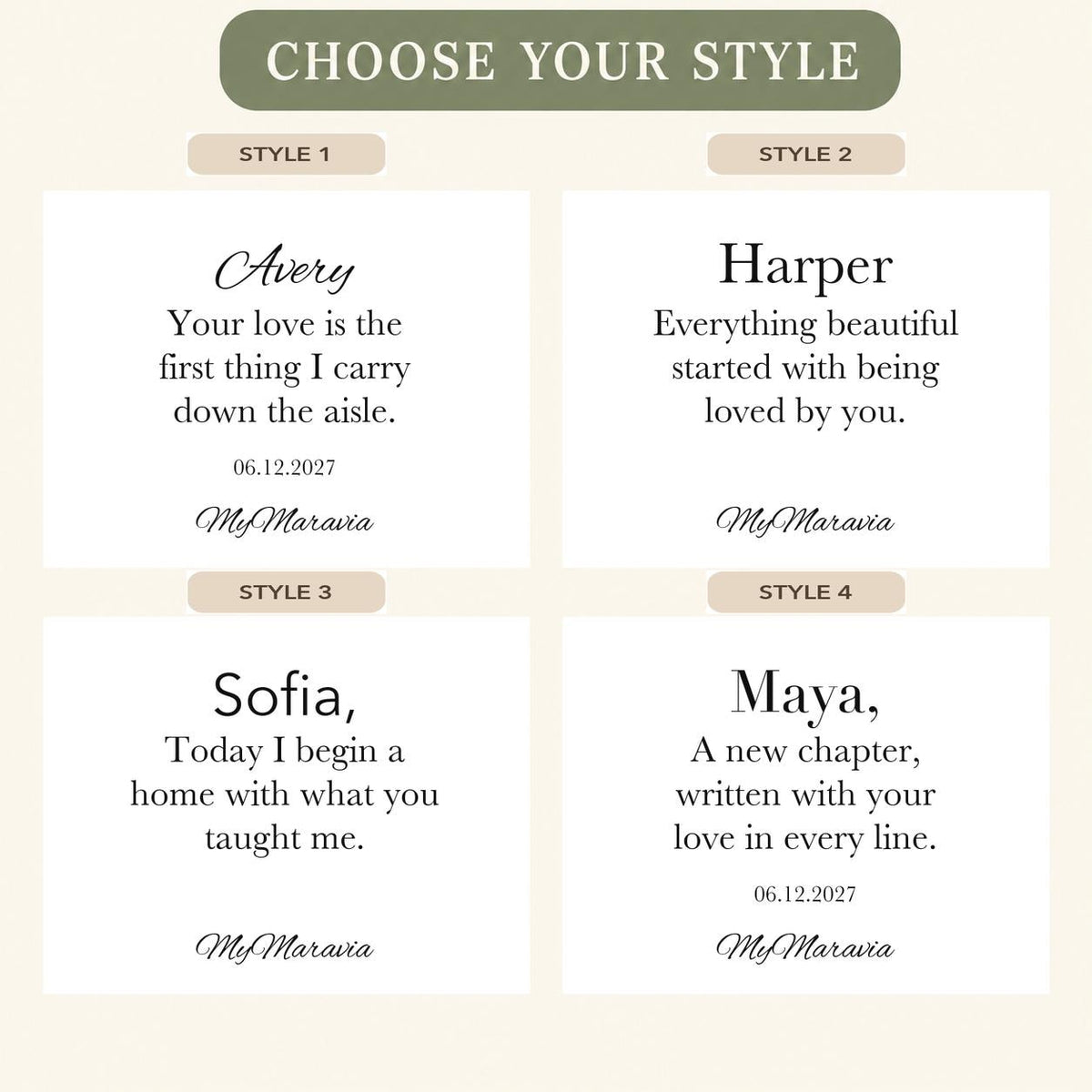 Style Picker — MyMaravia Mother of bride wedding morning candle; four original message options
