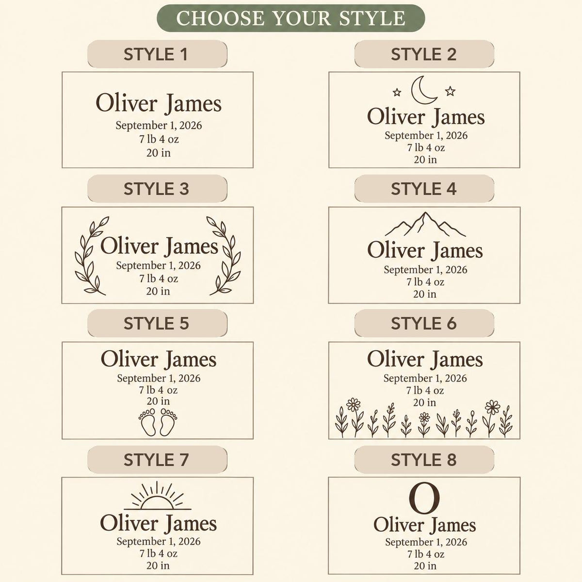 Choose from eight Birth Announcement engraving styles