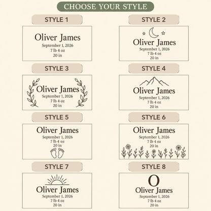 Choose from eight Birth Announcement engraving styles