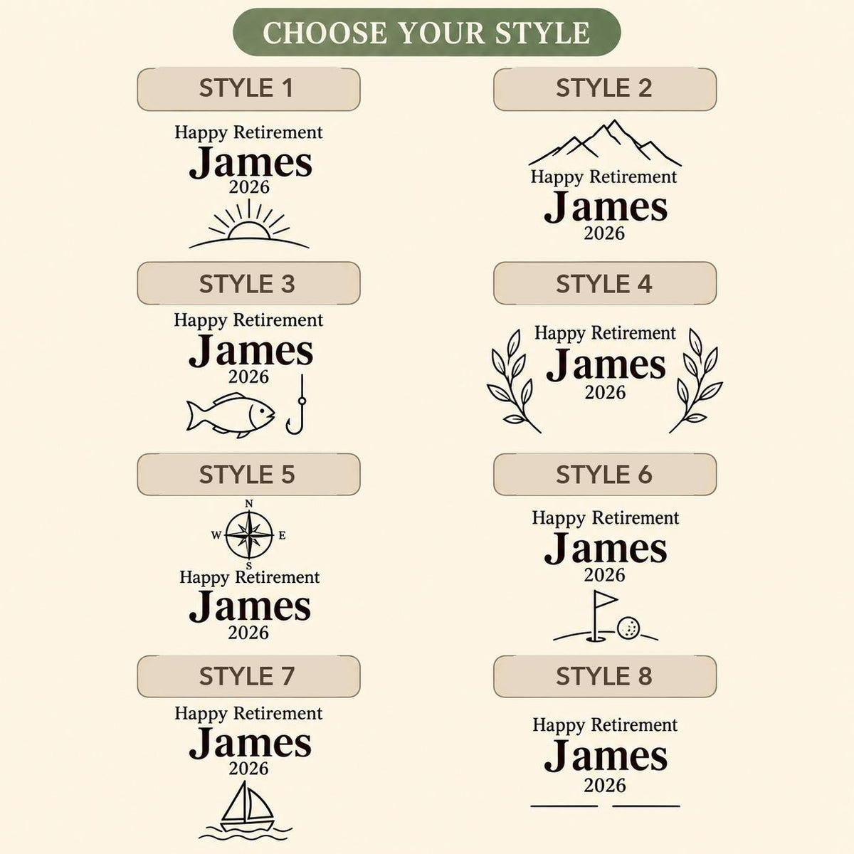 Choose from eight Retirement engraving styles